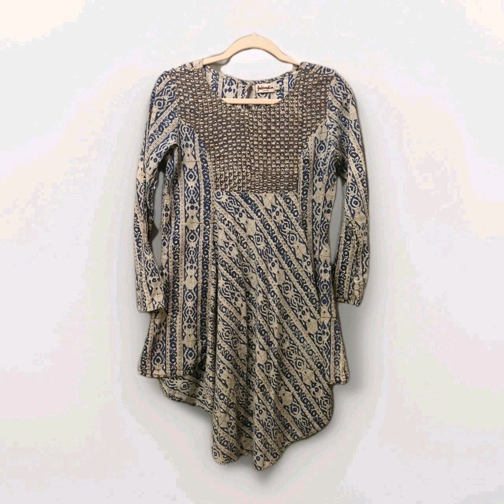 Fabindia Womens long Tunic M block print boho Artisan blouse cotton indigo poet